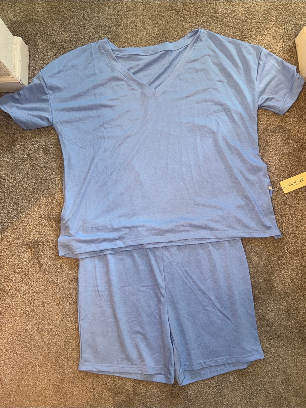 Relaxed Light Blue V-Neck Short Women's Two-Piece Set